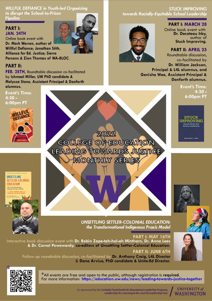 Gold and purple poster with images of the authors and texts to be discussed in the Leading towards Justice series